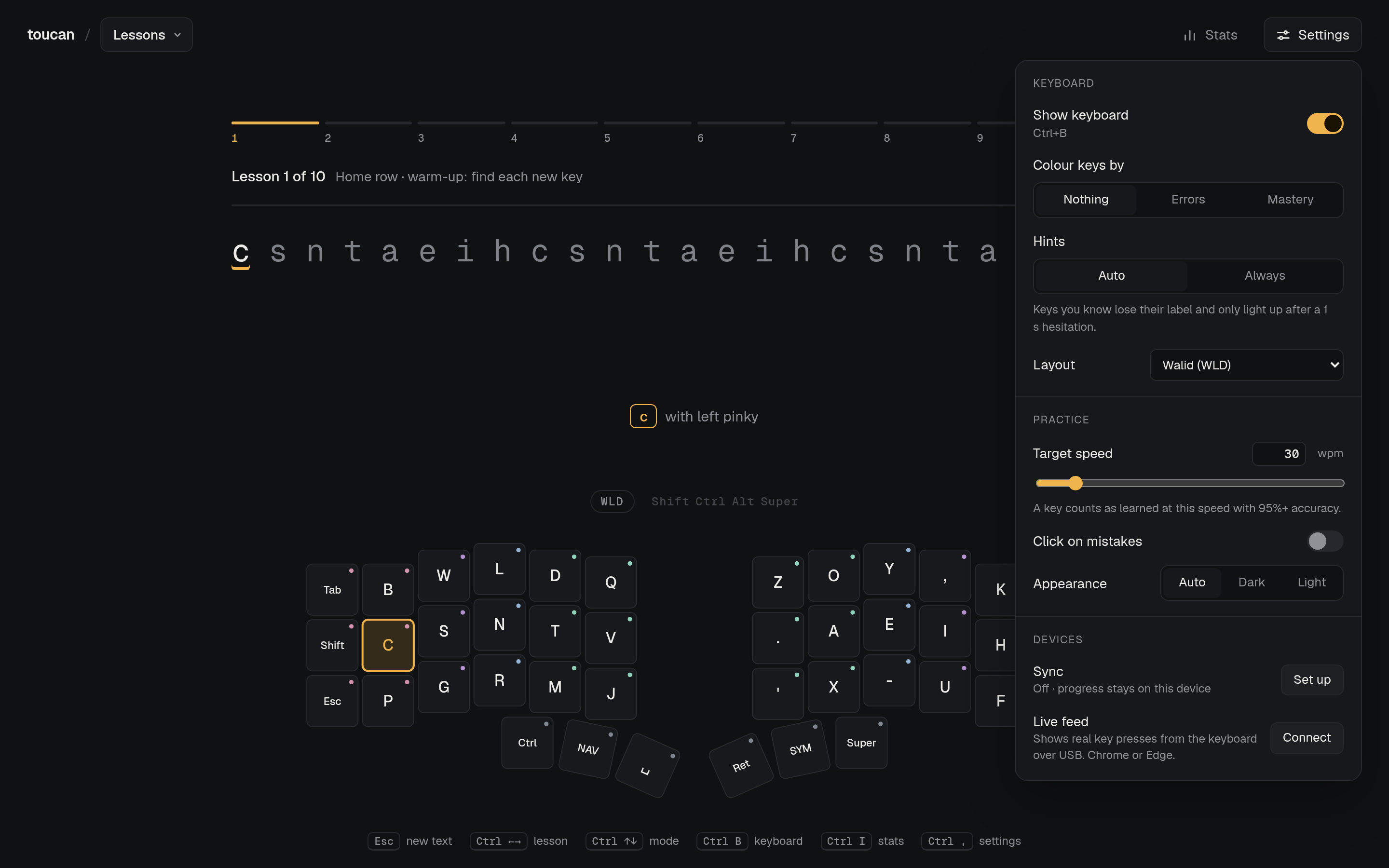 The trainer settings: keyboard hints, target speed slider, sync between devices, live feed